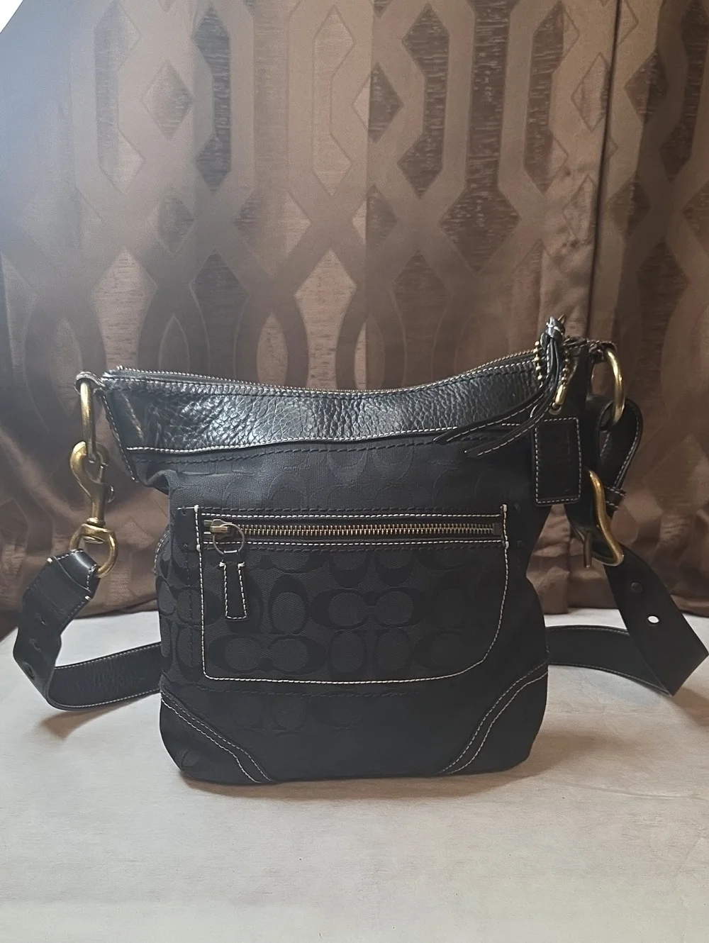 Vintage Coach Black Signature Canvas Crossbody with Gold-Tone Hardware